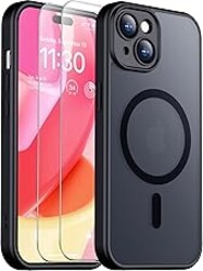 SPIDERCASE for iPhone 15 Case, Magnetic Translucent Matte Case with 2PCS Tempered Glass Screen Protector Slim Phone Case for iPhone 15 6.1'', Black