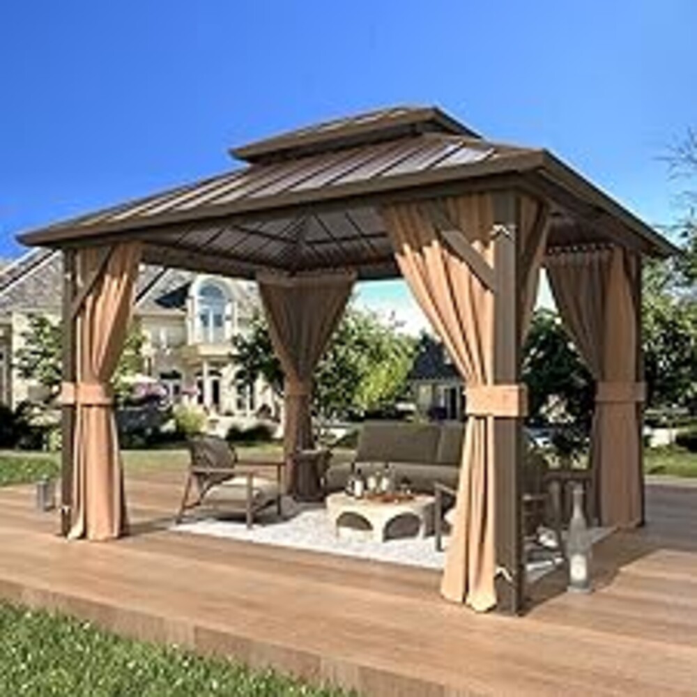 EROMMY 10' x 12' Hardtop Gazebo, Aluminum Frame Gazebos with Galvanized Steel Double Roof, Permanent Outdoor Metal Pavilion with Curtain and Netting for Patio, Lawn, Deck
