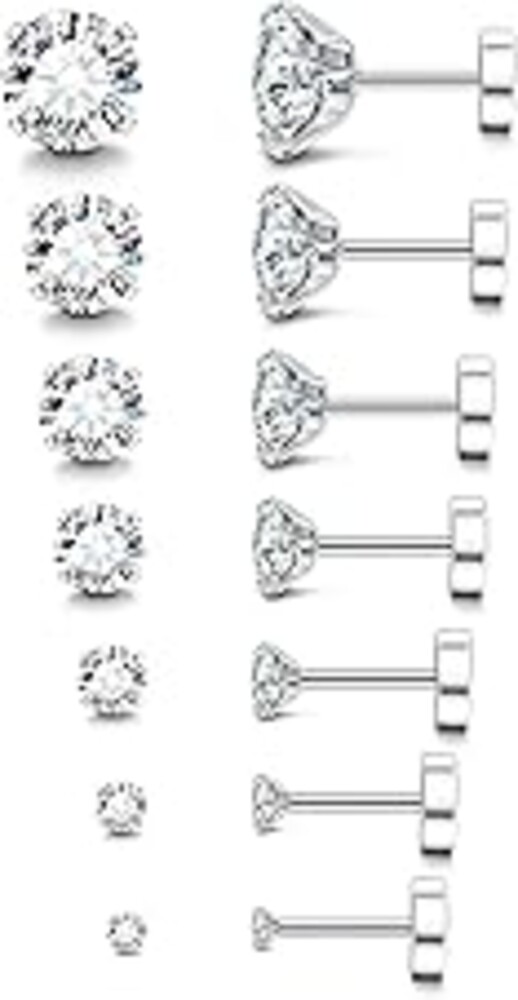 Fansilver 20G Hypoallergenic Flat Back Earrings for Women Men Silver 14K Gold Stainless Steel Stud Earrings Brithstone Cubic Zirconia Studs Surgical Steel Cartilage Earrings for Sensitive Ears