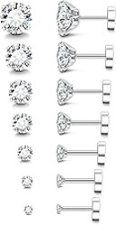 Fansilver 20G Hypoallergenic Flat Back Earrings for Women Men Silver 14K Gold Stainless Steel Stud Earrings Brithstone Cubic Zirconia Studs Surgical Steel Cartilage Earrings for Sensitive Ears