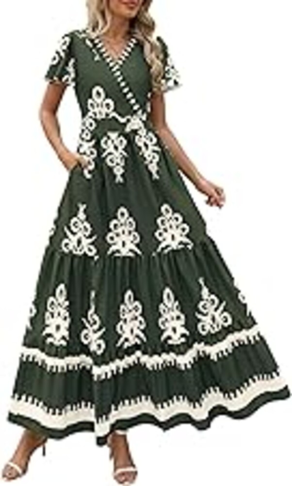 PRETTYGARDEN Womens 2026 Summer Flowy Maxi Dress Bell Short Sleeve Vneck Boho Aline Tiered Floral Beach Dresses Pockets