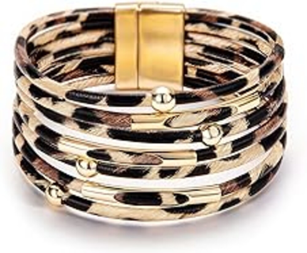 Fesciory Leather Wrap Bracelets for Women, Boho Leopard Multi-Layer Crystal Beads Cuff Bracelet Jewelry