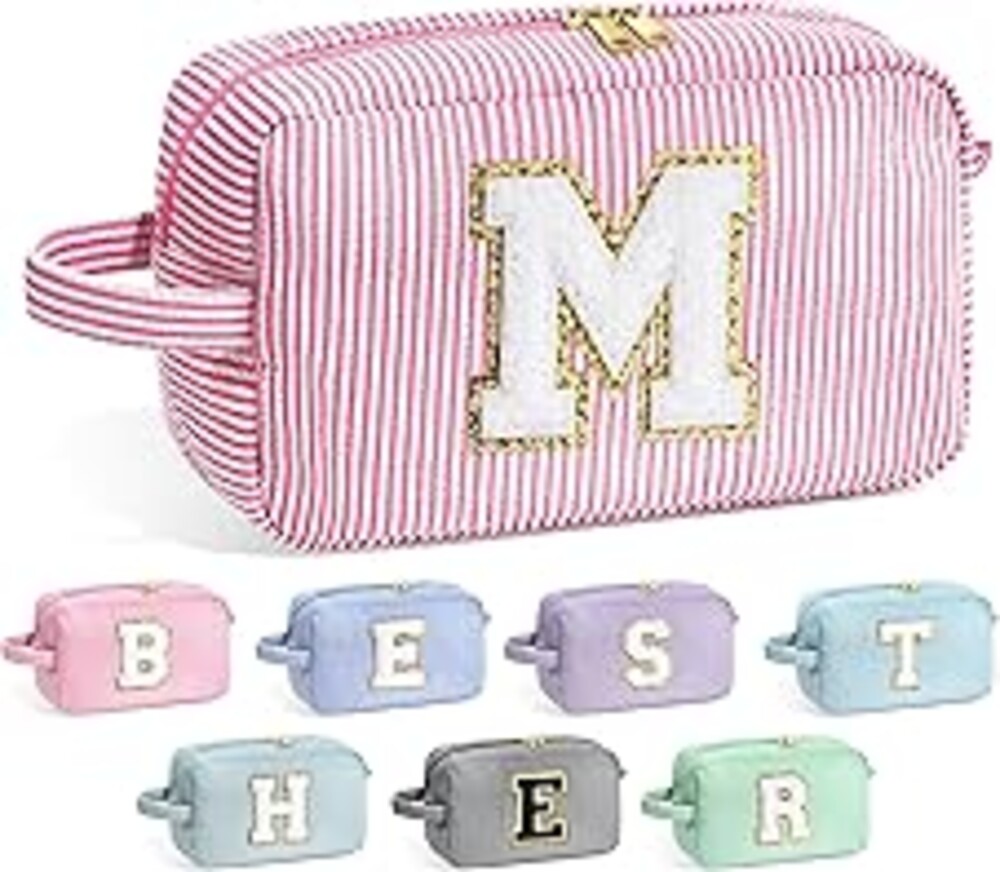 YOOLIFE Mothers Day Gifts for Mom Daughter - Initial Makeup Bag Cosmetic Bag Toiletry Pouch, Personalized Birthday Gifts for Women Girls Mom Daughter Sister Friends, Pink M