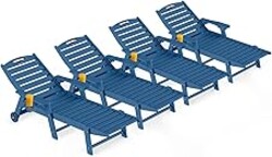 Outdoor Lounge Chair Set of 4, All Weather Patio Chaise Lounge Chair for Outside, HDPE Chair with Rolling Wheels & Cup Holder, 5 Position, Deck, Pool, Navy Blue