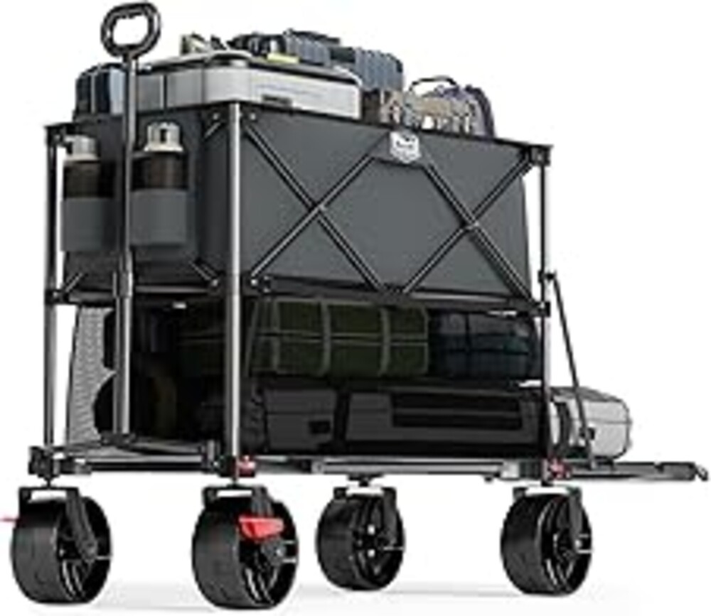 TIMBER RIDGE 400L Large Capacity Folding Double Decker Wagon with Brakes, 54" Extra Long Extender Wagon Cart, 450lbs Heavy Duty Collapsible Cart, All-Terrain Big Wheels for Camping, Sports, Shopping