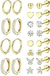 Jstyle Gold Stud Hoop Earrings for Women, Hypoallergenic Surgical Steel Earrings for Sensitive Ears, Comfortable Flat Back Earring for Sleeping/Daily, Nickel-Free Cartilage Earring Stack Set for Multiple Piercing Jewelry 12Pairs