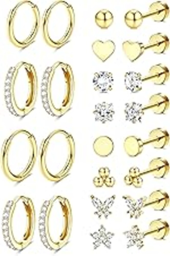 Jstyle Gold Stud Hoop Earrings for Women, Hypoallergenic Surgical Steel Earrings for Sensitive Ears, Comfortable Flat Back Earring for Sleeping/Daily, Nickel-Free Cartilage Earring Stack Set for Multiple Piercing Jewelry 12Pairs