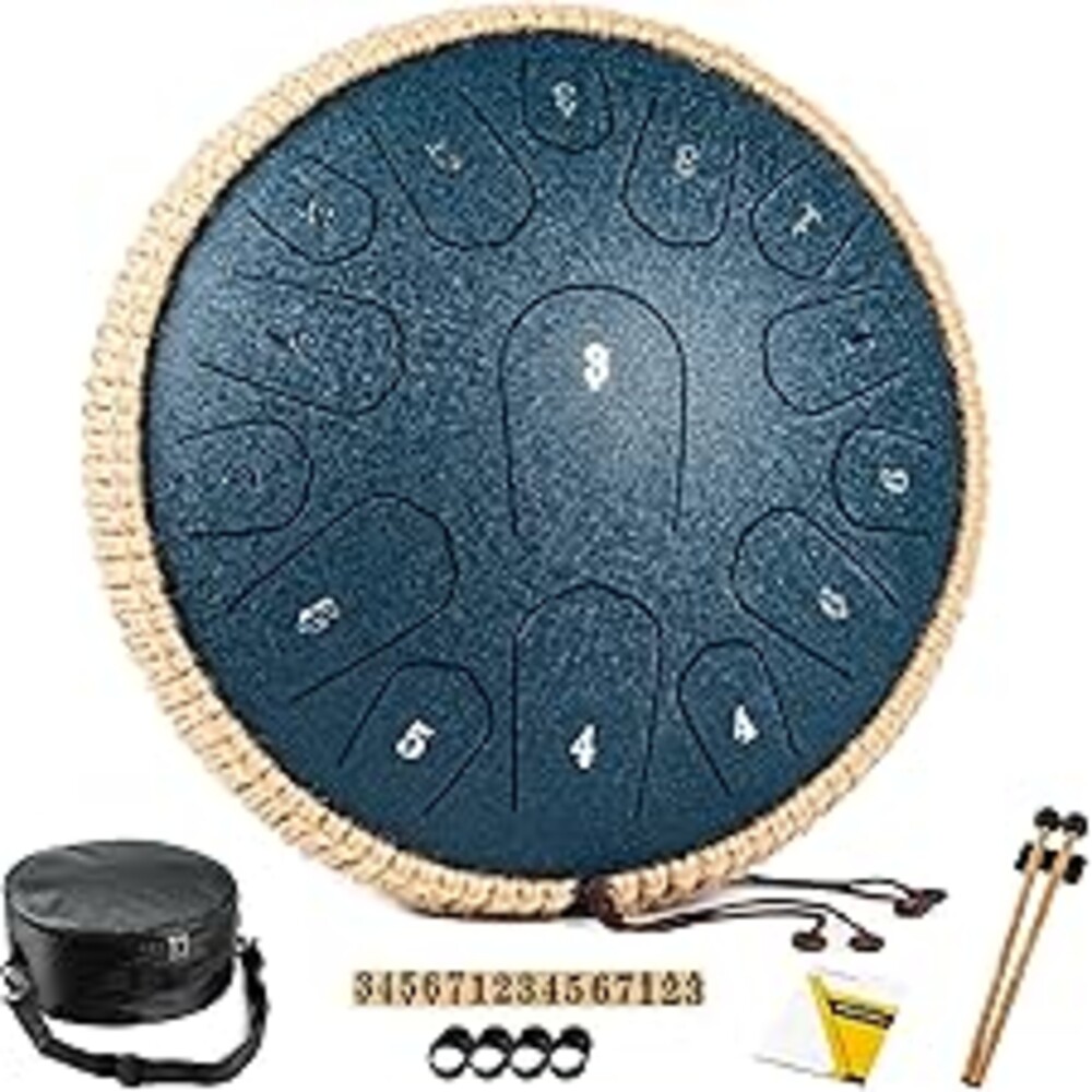HOPWELL Steel Tongue Drum - 13 Inches 15 Notes Tongue Drum - Hand Pan Drum with Music Book, Handpan Drums Mallets and Carry Bag, D Major (Navy Blue)