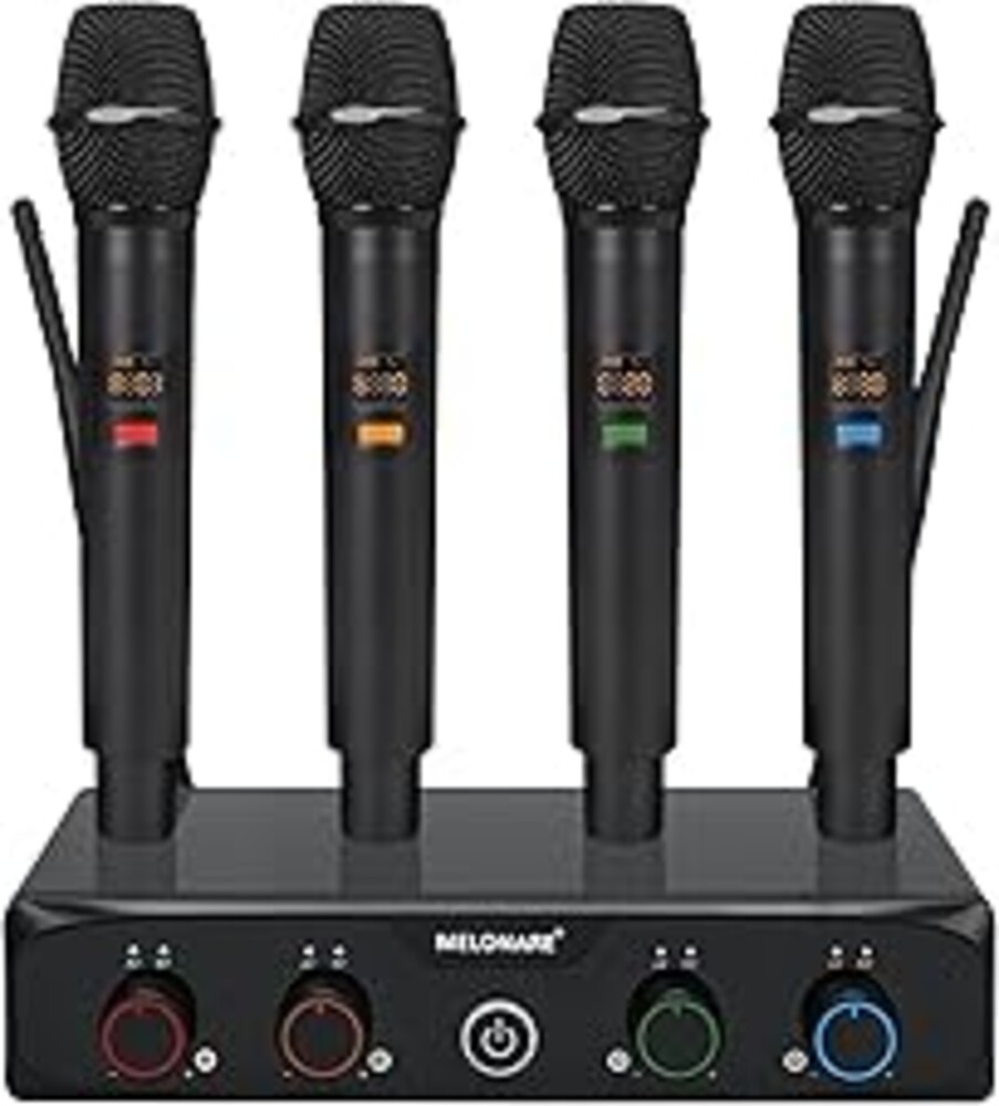 MELONARE 4-Channel Wireless Microphone System, UHF Compact Cordless Mic Set w/ 4x10 Frequencies, 200ft Range, Dynamic Handheld Microphone for Singing, Karaoke, Church, DJ, Wedding (MWM-41-4H)