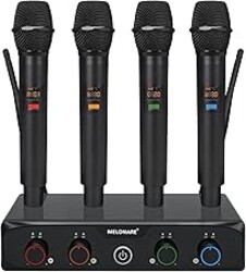 MELONARE 4-Channel Wireless Microphone System, UHF Compact Cordless Mic Set w/ 4x10 Frequencies, 200ft Range, Dynamic Handheld Microphone for Singing, Karaoke, Church, DJ, Wedding (MWM-41-4H)