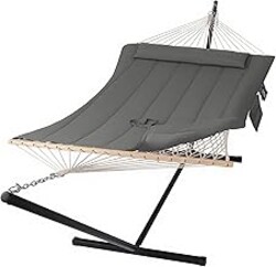 SUNCREAT Double Outdoor Hammock with Stand, Two Person Cotton Rope Hammock with Polyester Pad, Dark Gray