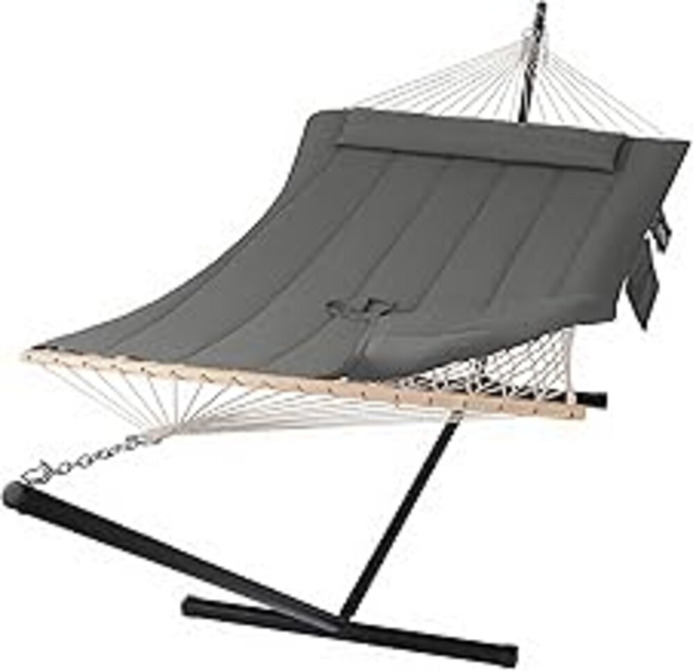 SUNCREAT Double Outdoor Hammock with Stand, Two Person Cotton Rope Hammock with Polyester Pad, Dark Gray