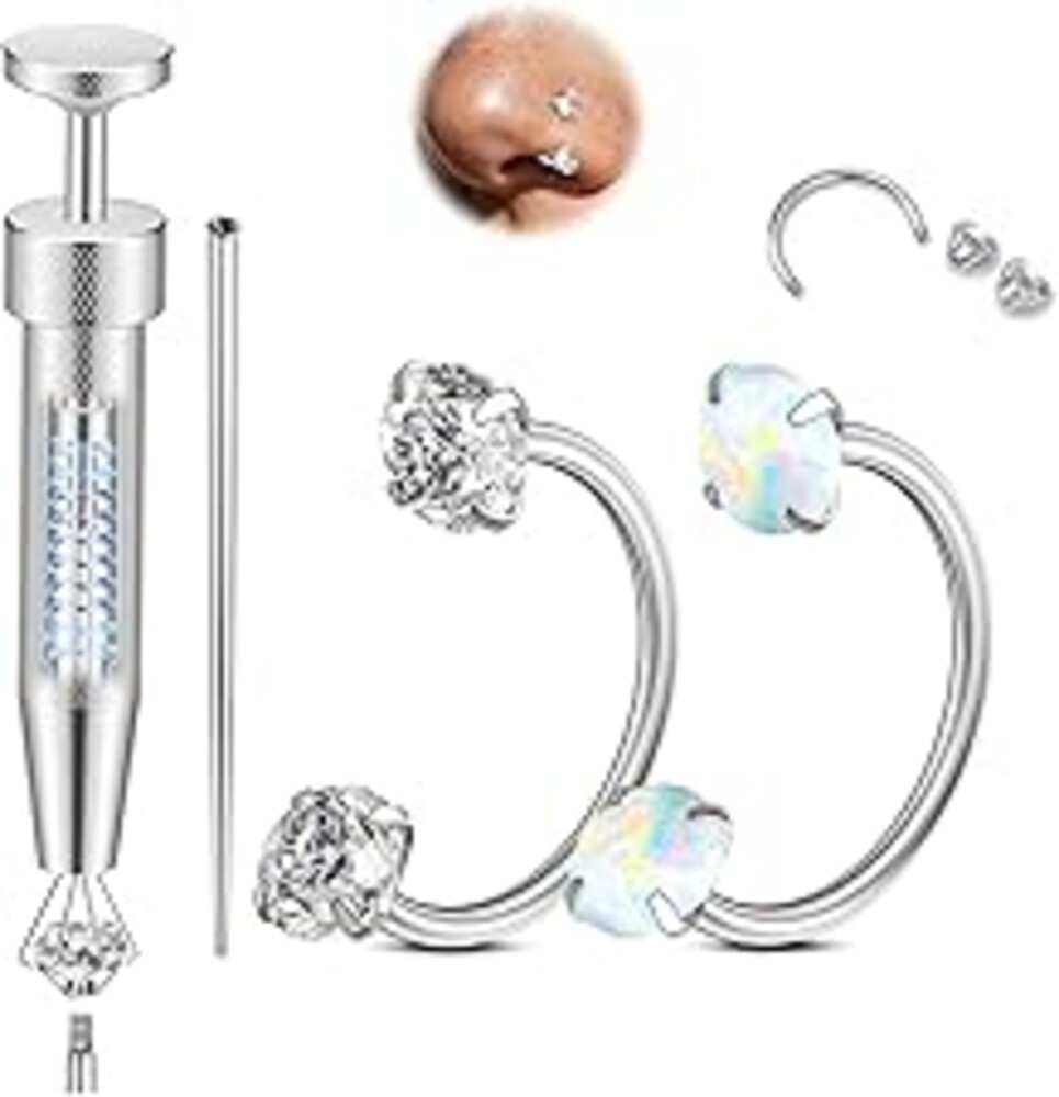 Opal Nose Ring Studs Horseshoe Nose Rings Hoops Stud 316L Stainless Steel Nose Rings Round CZ Square Screw L Shaped Nose Stud Hypoallergenic Nostril Piercing Jewelry for Women Men