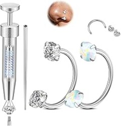 Opal Nose Ring Studs Horseshoe Nose Rings Hoops Stud 316L Stainless Steel Nose Rings Round CZ Square Screw L Shaped Nose Stud Hypoallergenic Nostril Piercing Jewelry for Women Men