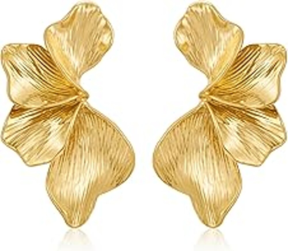 FAUTHENTICUTE Chunky Gold Statement Earrings For Women Gold Plated Sectored Flower Leaf Shell Angel Wing Earrings Trendy Boho Jewelry For Women Large Stud Earrings Hypoallergenic Earrings Mothers Day Gifts