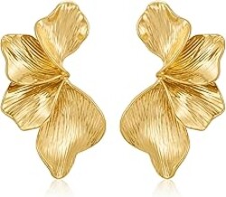 FAUTHENTICUTE Chunky Gold Statement Earrings For Women Gold Plated Sectored Flower Leaf Shell Angel Wing Earrings Trendy Boho Jewelry For Women Large Stud Earrings Hypoallergenic Earrings Mothers Day Gifts