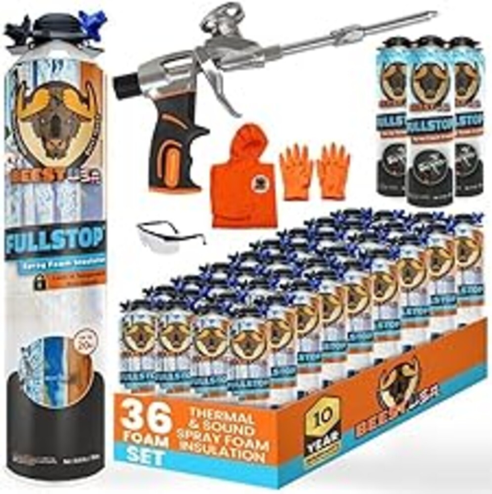 BEEST FullStop Spray Foam Insulation Kit for Walls and Attic - 720 Board ft/sq.ft Perfect Heat & Acoustic Insulation for Reduced Energy Bills - 36x Spray Foam Can, 3X Cleaner, 1 Pro Gun & Safety Gear
