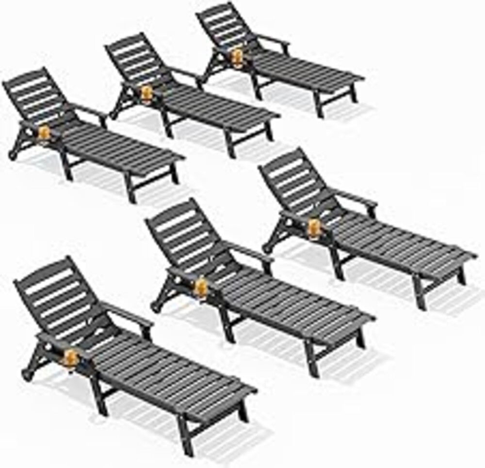 SERWALL Patio Chaise Lounge Chair Set of 6, 5 Positions Adjustable Poly Outdoor Lounger for Pool, HDPE Lounge Chair with Rolling Wheels & Cup Holder for Poolside, Deck, Slate Gray