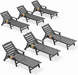 SERWALL Patio Chaise Lounge Chair Set of 6, 5 Positions Adjustable Poly Outdoor Lounger for Pool, HDPE Lounge Chair with Rolling Wheels & Cup Holder for Poolside, Deck, Slate Gray