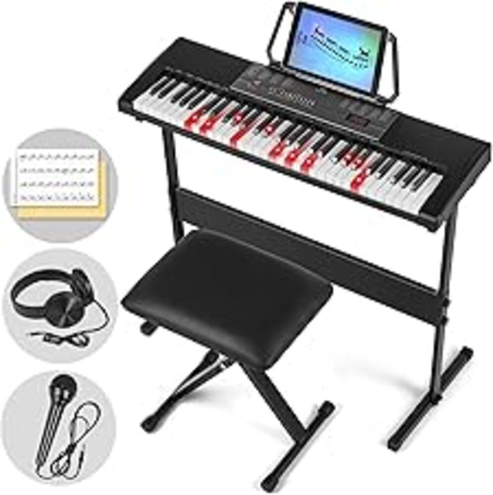 MUSTAR 61 Key Piano Keyboard, Electric Piano Keyboard with Lighted Up Keys, Learning Keyboards Piano for Beginners With Piano Stand, LCD Screen, Headphones, Microphone (Black with Stool)