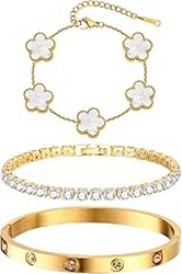 Womens Stackable Floral Gold Bracelets - 3Pcs 18K Gold Plated Bracelet,Stainless Steel Bangle Bracelets Non Tarnish, Gold Bracelet Set Trendy Jewelry,Christmas Valentines Birthday Gifts for Girlfriend