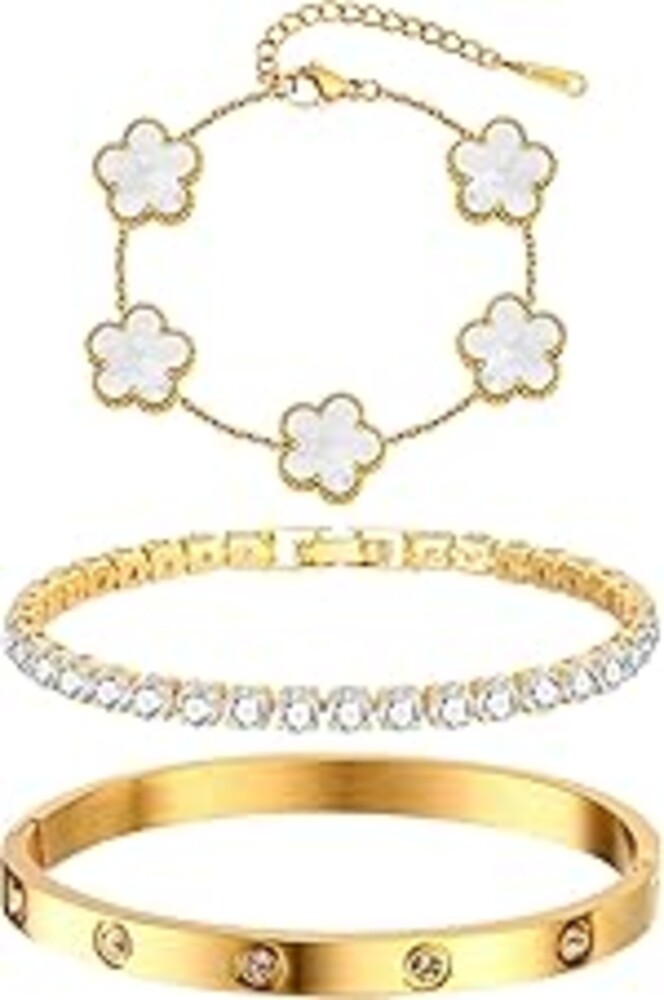 Womens Stackable Floral Gold Bracelets - 3Pcs 18K Gold Plated Bracelet,Stainless Steel Bangle Bracelets Non Tarnish, Gold Bracelet Set Trendy Jewelry,Christmas Valentines Birthday Gifts for Girlfriend