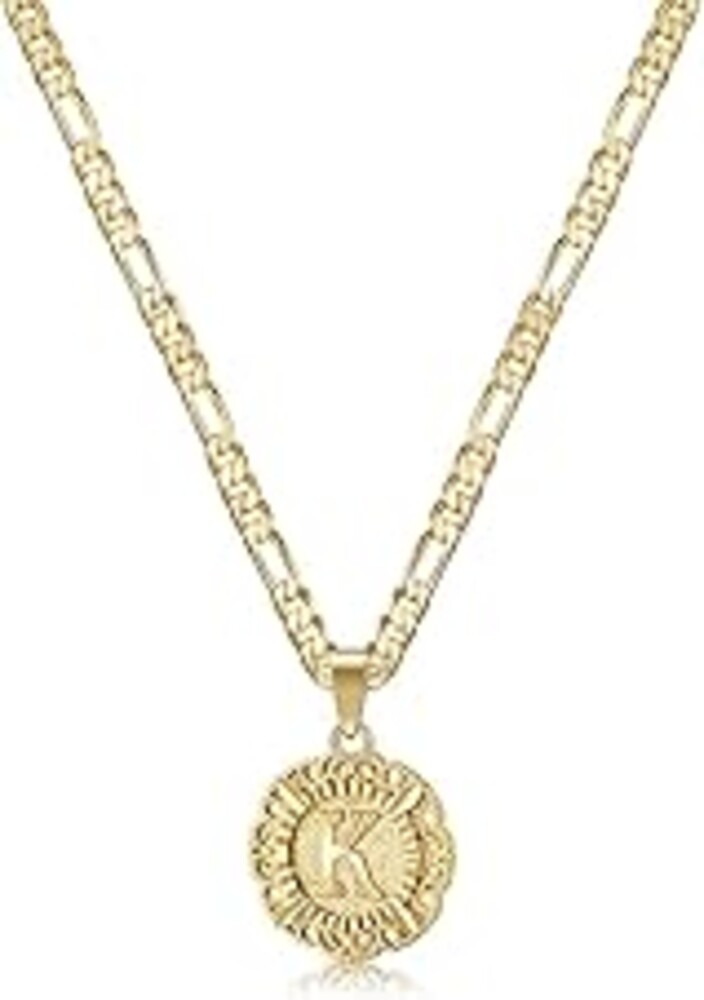 KissYan Mothers Day Gifts - Initial Necklaces for Women, 14K Gold Plated Round Letter Pendant Capital Monogram Necklace Alphabets from A-Z Figaro Chain Jewelry