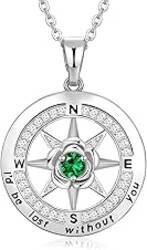 Meeshi Silver Compass Necklace for Women Birthday Gifts for Wife Anniversary Necklace for Women Rose Flower Birthstone Necklaces for Wife Jewelry for Womens Girlfriend Mom Daughter