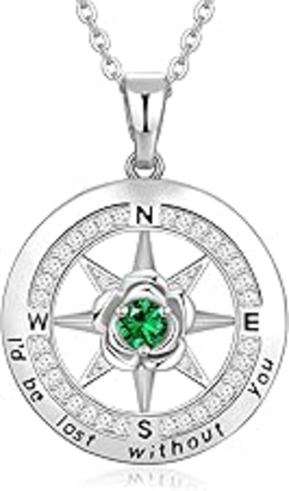 Meeshi Silver Compass Necklace for Women Birthday Gifts for Wife Anniversary Necklace for Women Rose Flower Birthstone Necklaces for Wife Jewelry for Womens Girlfriend Mom Daughter