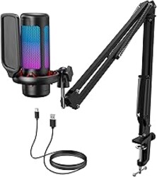 TONOR Gaming Microphone Set with Boom Arm, Vocal Condenser Microphone for PC with Stand, USB Mic with controllable RGB Light, One Tap Mute, Volume Control, for Discord, Twitch Streaming, TC310+