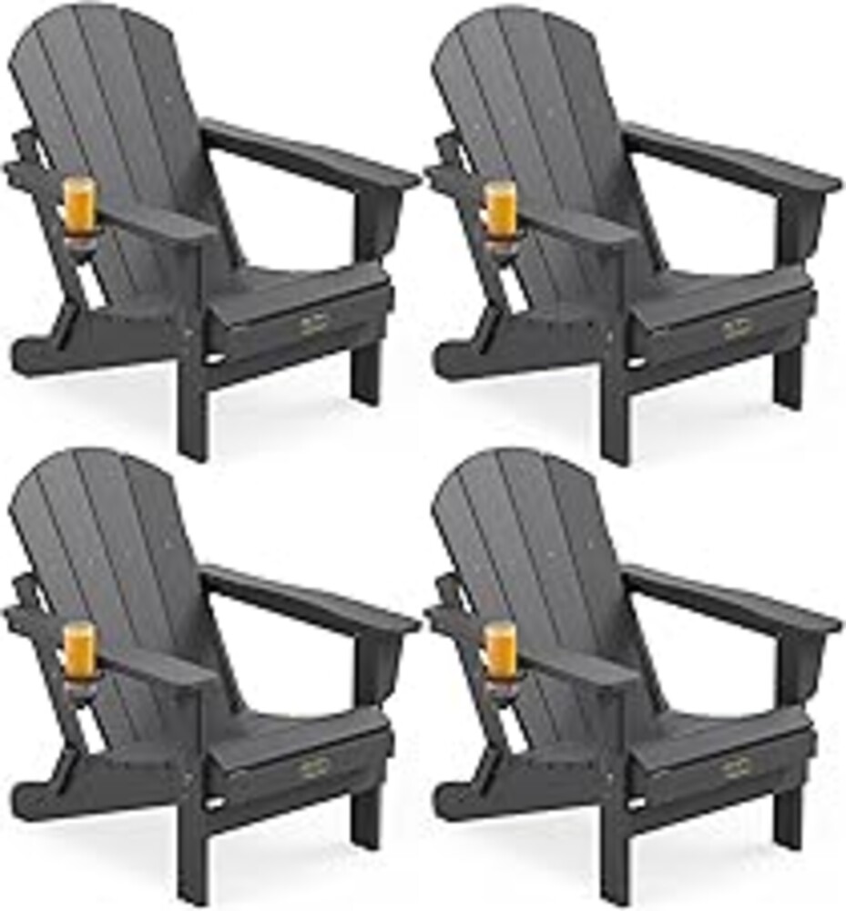 SERWALL Folding Adirondack Chair with Cup Holder Set of 4, Weather Resistant HIPS Patio Chairs, Wooden Textured, Fire Pit Chairs for Garden Outdoors Fire Pit - Gray