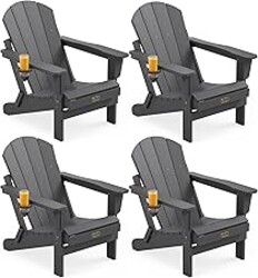 SERWALL Folding Adirondack Chair with Cup Holder Set of 4, Weather Resistant HIPS Patio Chairs, Wooden Textured, Fire Pit Chairs for Garden Outdoors Fire Pit - Gray