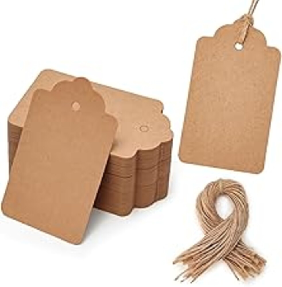 SallyFashion 100pcs Gift Tags with String Attached, 1.7 x 2.8 inch Kraft Paper Hang Tags for Clothes DIY Crafts Wedding Holiday (Brown)
