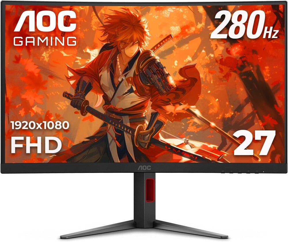 AOC 27" Curved Gaming Monitor, FHD 1080p, 280Hz (DP) 240Hz (HDMI), 0.3ms MPRT, VA Panel 1500R, AMD FreeSync Premium, HDR Ready, Height Adjustable, DisplayPort HDMI C27G4ZH
