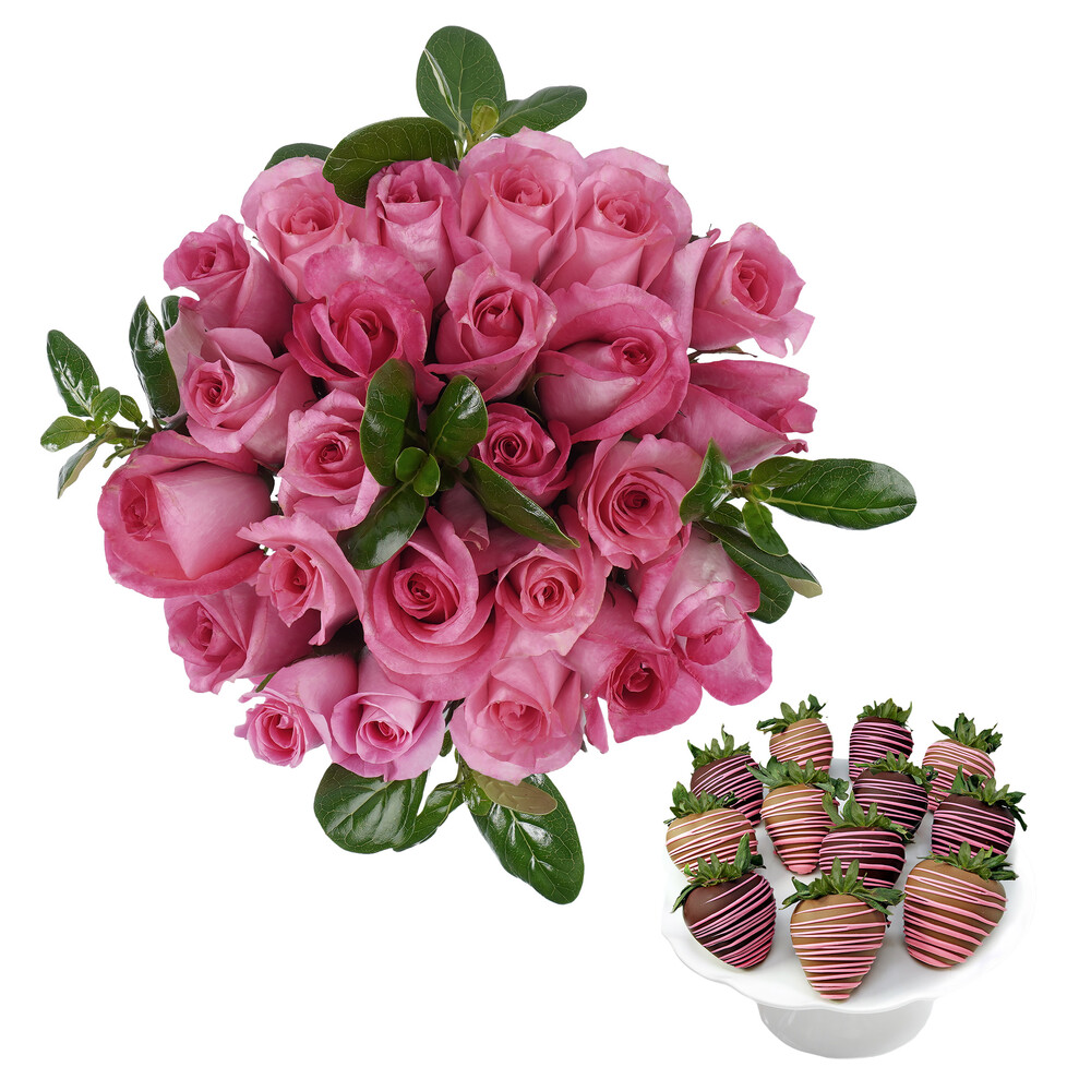 Mother's Day Belgian Chocolate Covered Strawberries and Pink Roses Bundle, 12 Strawberries, 24 Roses
