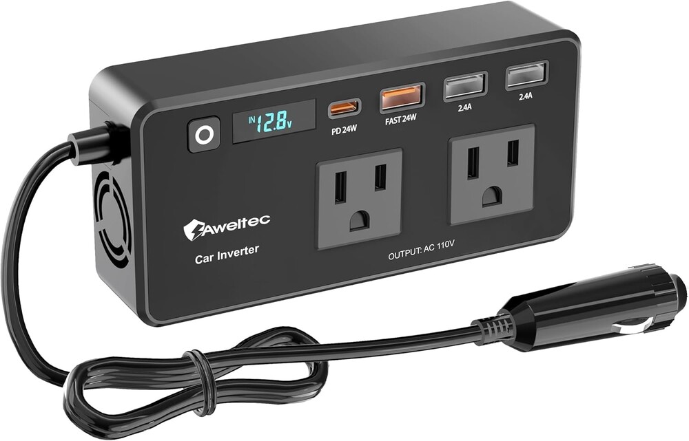 200W Power Inverter for Car – DC 12V to 110V AC Converter with LED Display & 4 USB Ports (24W PD USB-C) – Compact Vehicle Adapter for Laptop, Tablet, Phone – Road Trip Essential