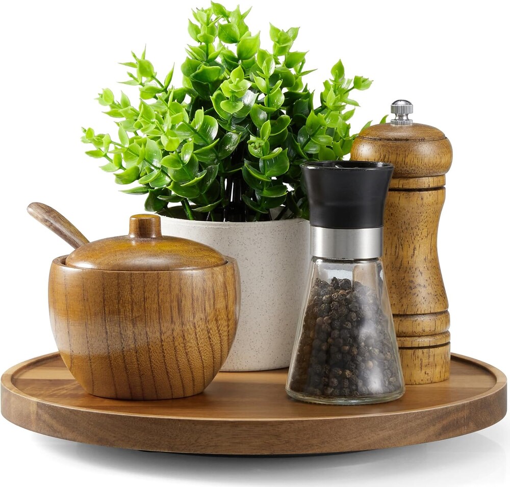 10” Acacia Wood Lazy Susan Turntable Organizer for Cabinet - Round Wooden Lazy Susan Organization and Storage for Pantry Table Kitchen Countertop Cupboard Coffee Bar Farmhouse Decor