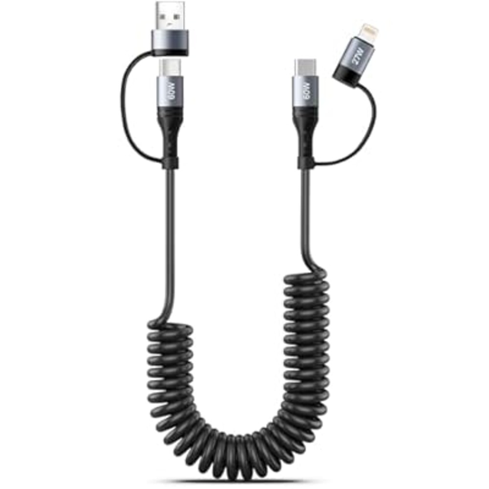 Coiled Lightning Cable 4 in 1 4FT Multi Charging Cable 60W Fast Charging Retractable Car Charger Cord for iPhone 17/16/15/14/13/12/11 Pro Max/XS MAX/XR/XS/X/8/7/6 Plus/iPad/AirPods/MacBook/CarPlay