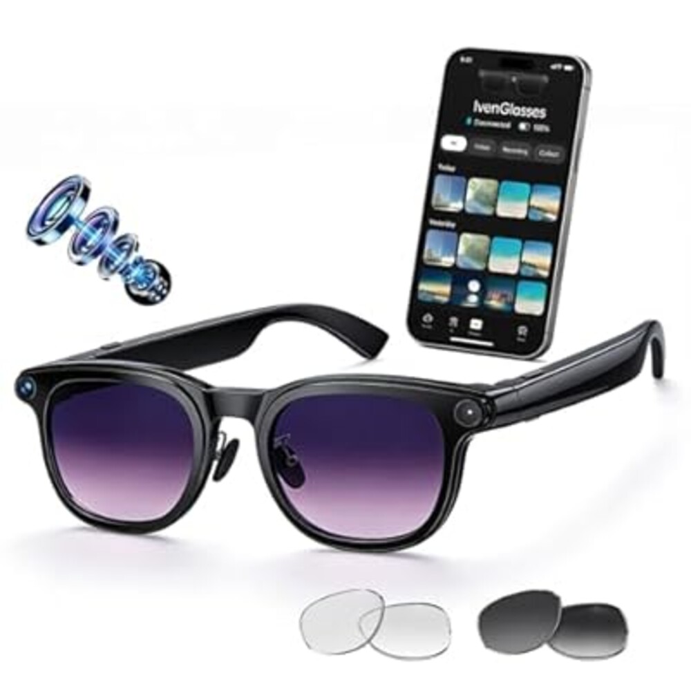 AI Smart Glasses with Camera, 8MP HD Camera Glasses for Men Women, 30FPS EIS Video Recording, Voice Assistant, Real-Time Translation, Open-Ear Bluetooth Audio Sunglasses with Interchangeable Lenses