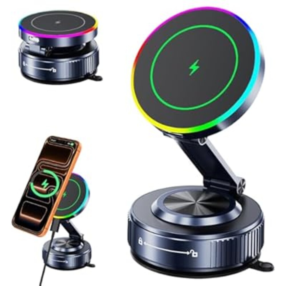 for MagSafe Car Mount Charger[15W Wireless Fast Charging], Car Vacuum Magnetic Phone Holder[120LBS Ultra Suction Cup & 3000gf Magnet ], Adjustable Suction Phone Mount for Your Car for iPhone 17-12