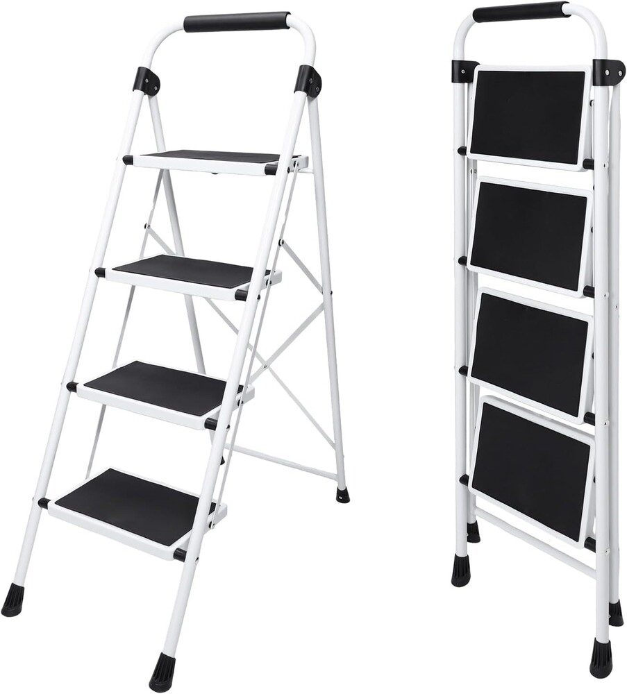 OLIXIS Step Ladder, 4 Sturdy Step Stool with Anti-Slip Pedal & Comfortable Handrail, Portable Heavy Duty Step Stool for Kitchen, Garage & Outdoor Use, 330lbs, Black