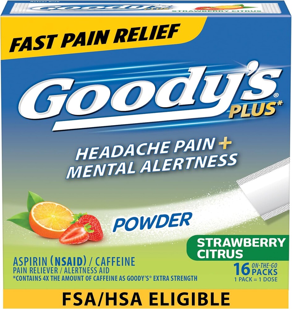 Goody’s Headache Relief Plus Mental Alertness Powder, with Aspirin and Caffeine, Strawberry Citrus Flavor, 16 Count
