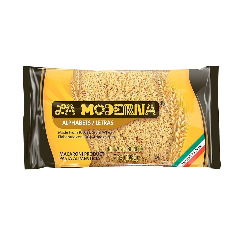 LA MODERNA, Alphabet Letras Pasta, 7 oz (Pack of 1) | Enriched Durum Wheat Semolina Pasta | Fun Letter Shapes for Soups | Non-GMO | Kosher | Vitamins & Iron Enriched | Fun Letters for Kids