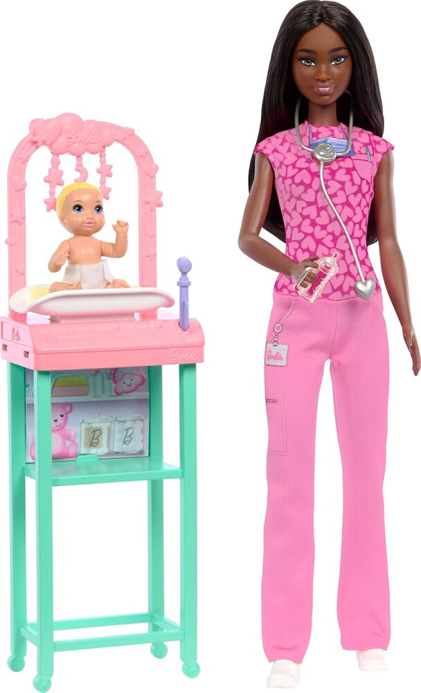 Barbie Baby Doctor Playset with Brunette Fashion Doll Wearing Pink Scrubs, Baby Doll, Furniture & Accessories