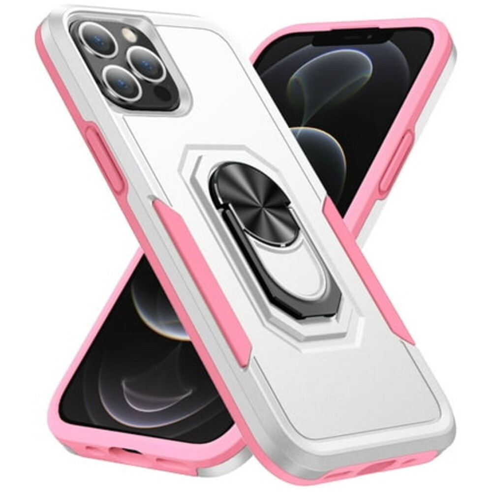 iPhone 12 Case, iPhone 12 Pro Case, 360 Rotate Ring Stand Rugged Lightweight Slim Impact-Resistant Full Body Shockproof Protective Bumper Case For iPhone 12 Pro / 12 6.1",White + Pink