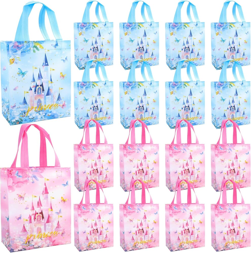 Keioy 16 Pcs Princess Party Favor Bags with Handles Reusable Non Woven Castle Candy Goodie Bags Treat Blue Pink Princess Gift Bag Ideal for Baby Shower Birthday Gender Reveal Party