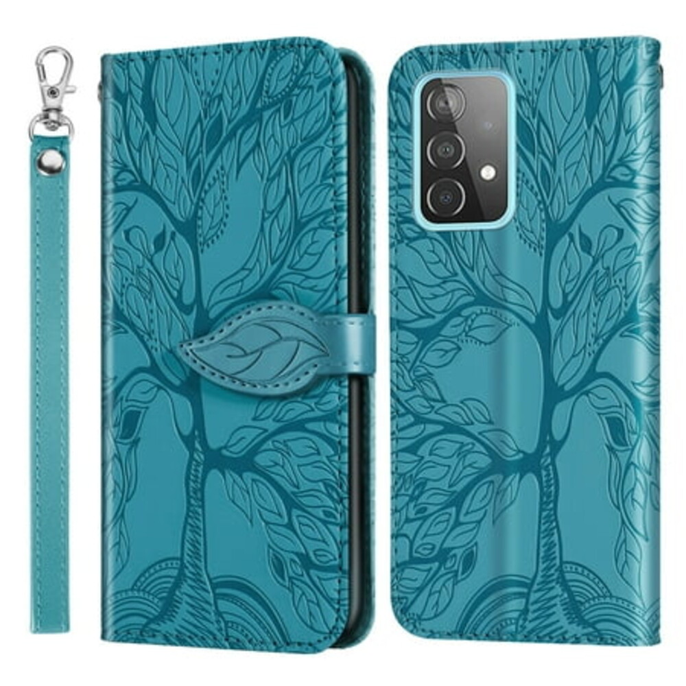 Classic Life Tree Pattern Case for SAMSUNG Galaxy A52 5G (SM-A526U) 6.5 Inch 2021 Release - Slim Fit Lightweight Flip Case with Strap & Card Holder, Protective Folio Stand Phone Cover (Blue)