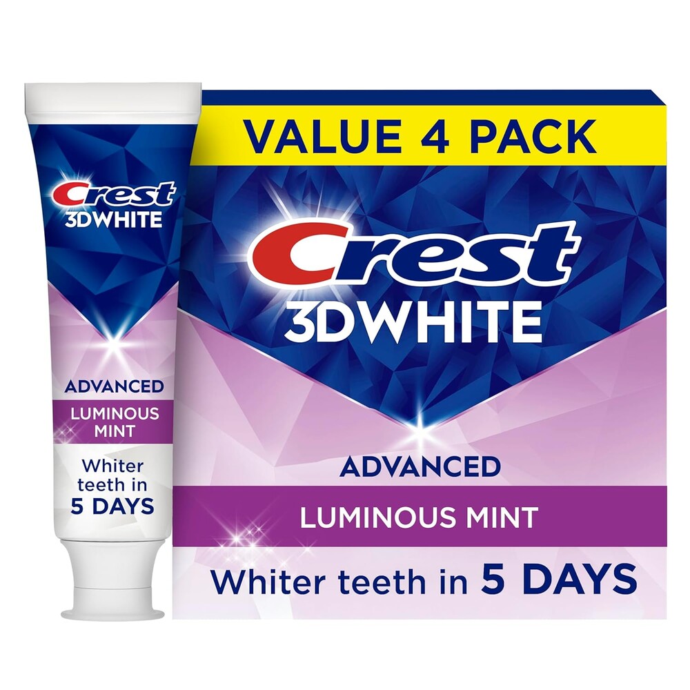 Crest 3D White Advanced, Teeth Whitening Toothpaste for Adults, 3.7 oz, 4 Pack, Cavity Protection Fluoride Toothpaste, Strengthens Enamel, Travel Size Toiletries