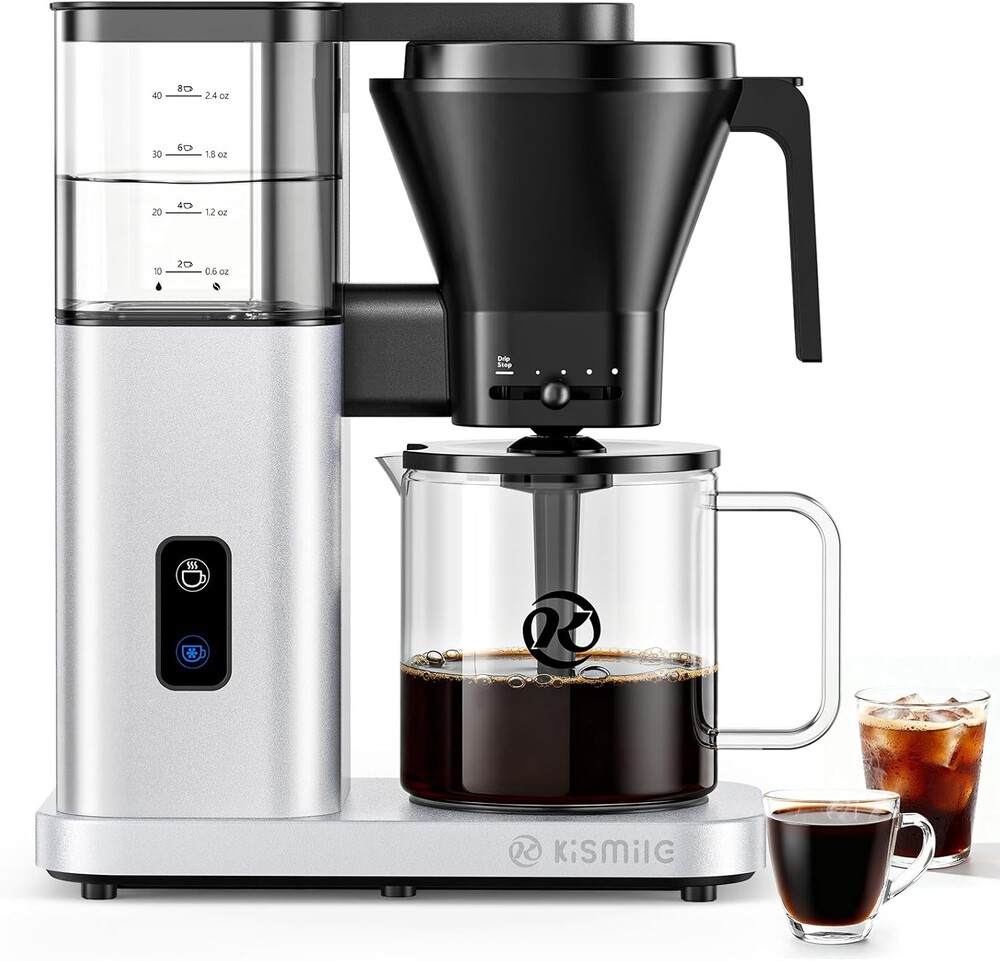 Kismile SCA-Certified 8 Cup Drip Coffee Maker, Pour Over Coffee Machine with 3s Instant Heat 197–205℉, Adjustable Flow Control, Removable Water Tank, Deep Cold Brew & 40 Min Keep Warm (Silver)