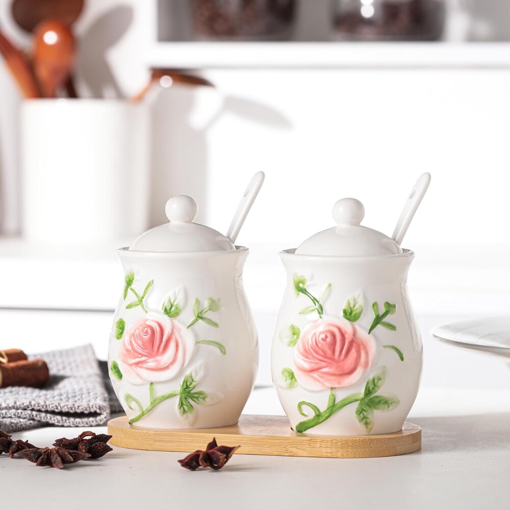 Hand Drawn Relief ceramics Ceramic Sugar Bowl 2 Pack, PorcelainJar with Tray, Spoon and Lid for Sugar, Pepper, Coffee, Spice, Salt, 8 Ounces (Hand Drawn Relief)